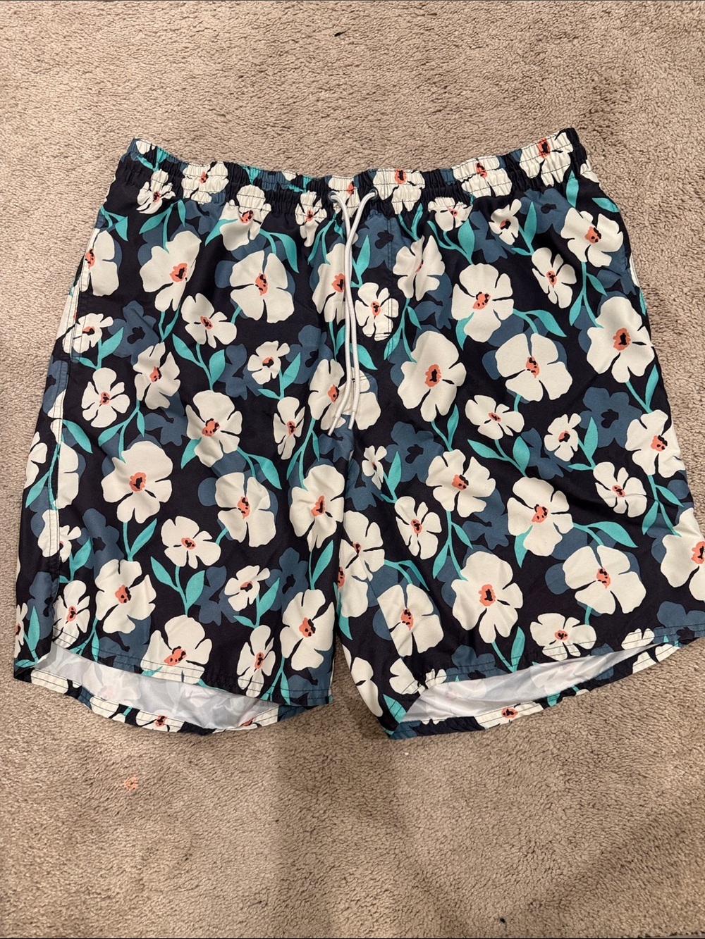 Navy Floral Swim Trunks with White Flowers